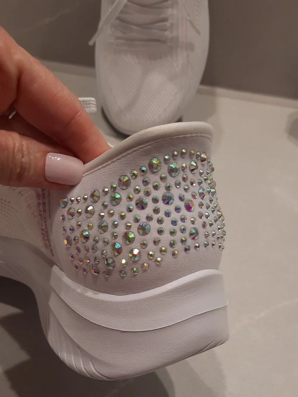 Skechers Women's White Slip-Ins Memory Foam Sneakers with Sparkling Rhinestones